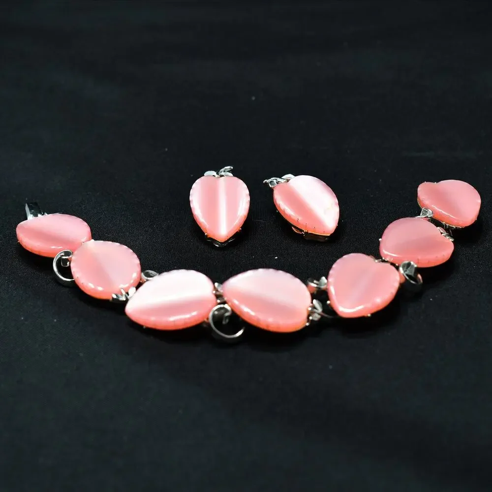 Lisner Pink Lucite Bracelet & Earrings Set Silver Tone 1950s Vintage Jewelry